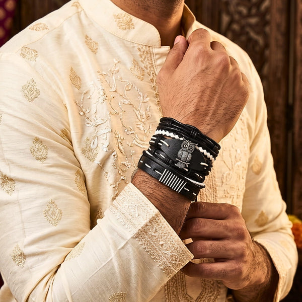 The Perfect Rakhi Gift For Every Brother – SHADOW OWL CUFF - Premium 6 Pcs Leather Bracelets With Timeless Style (8inch)