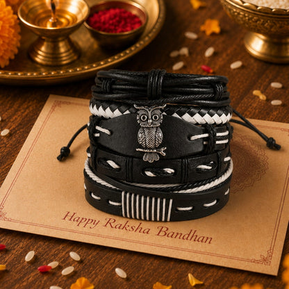 THE MEN THING Leather Bracelet The Perfect Rakhi Gift For Every Brother – SHADOW OWL CUFF - Premium 6 Pcs Leather Bracelets With Timeless Style (8inch)