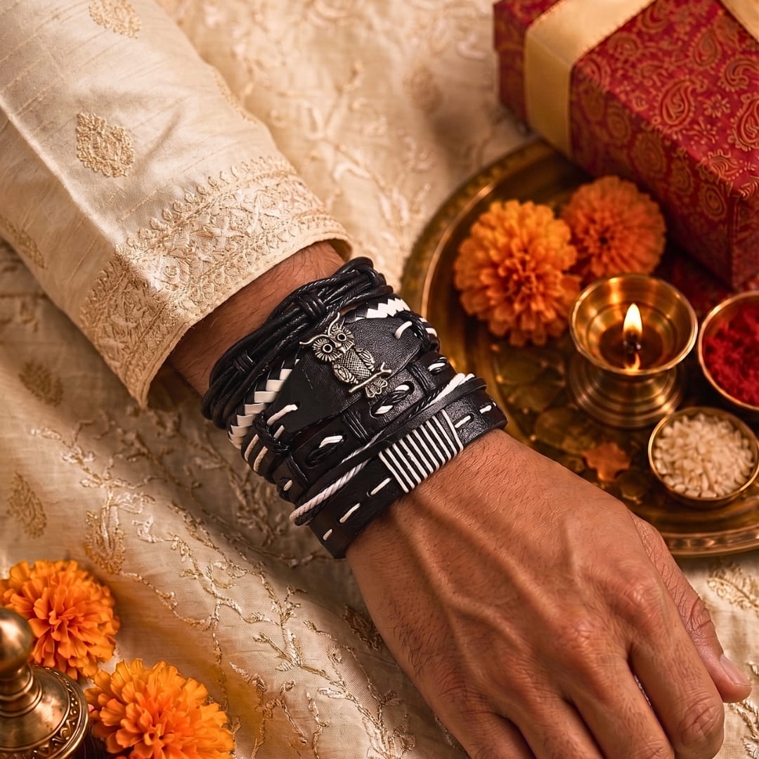 THE MEN THING Leather Bracelet The Perfect Rakhi Gift For Every Brother – SHADOW OWL CUFF - Premium 6 Pcs Leather Bracelets With Timeless Style (8inch)