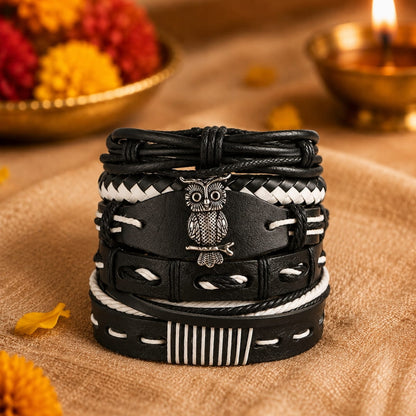 THE MEN THING Leather Bracelet The Perfect Rakhi Gift For Every Brother – SHADOW OWL CUFF - Premium 6 Pcs Leather Bracelets With Timeless Style (8inch)