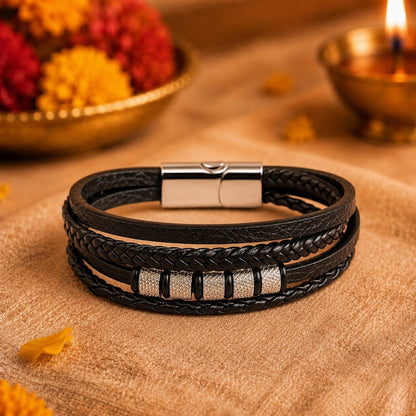 THE MEN THING Leather Bracelet The Perfect Rakhi Gift For Every Brother – SILVER MATRIX BLACK - Premium Genuine Leather Bracelet With Timeless Style (8 Inch)