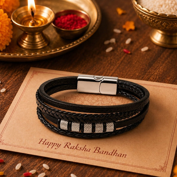 The Perfect Rakhi Gift For Every Brother – SILVER MATRIX BLACK - Premium Genuine Leather Bracelet With Timeless Style (8 Inch)