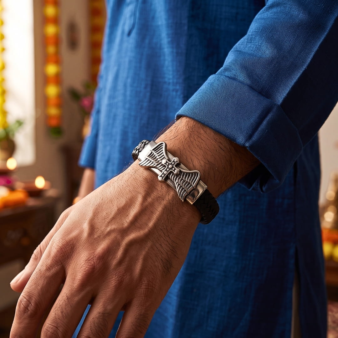 THE MEN THING Leather Bracelet The Perfect Rakhi Gift For Every Brother – SKYWARD GRACE BLACK - Premium Leather Bracelets With Timeless Style (8inch)