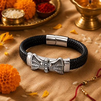 THE MEN THING Leather Bracelet The Perfect Rakhi Gift For Every Brother – SKYWARD GRACE BLACK - Premium Leather Bracelets With Timeless Style (8inch)