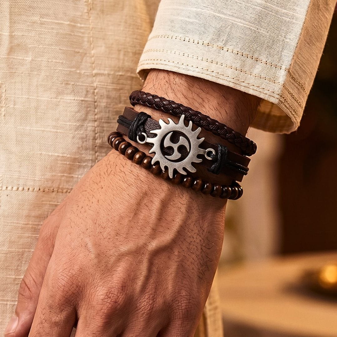 THE MEN THING Leather Bracelet The Perfect Rakhi Gift For Every Brother – SOLAR SPIRIT BROWN - Genuine Leather Bracelets With Timeless Style (Adjustable)