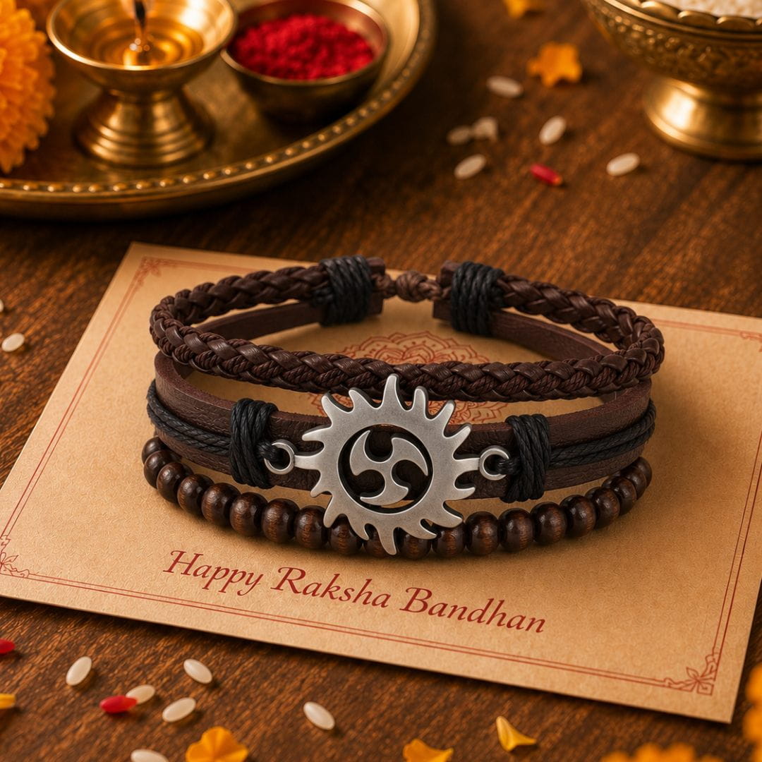 THE MEN THING Leather Bracelet The Perfect Rakhi Gift For Every Brother – SOLAR SPIRIT BROWN - Genuine Leather Bracelets With Timeless Style (Adjustable)