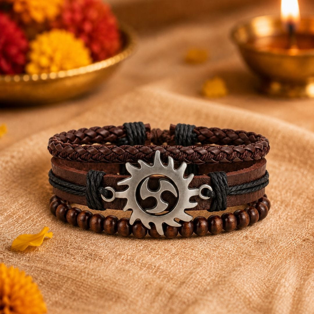 THE MEN THING Leather Bracelet The Perfect Rakhi Gift For Every Brother – SOLAR SPIRIT BROWN - Genuine Leather Bracelets With Timeless Style (Adjustable)