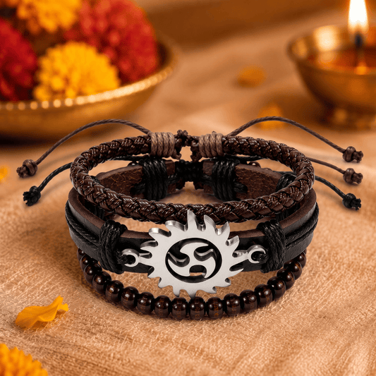 THE MEN THING Leather Bracelet The Perfect Rakhi Gift For Every Brother – SOLAR SPIRIT BROWN - Genuine Leather Bracelets With Timeless Style (Adjustable)