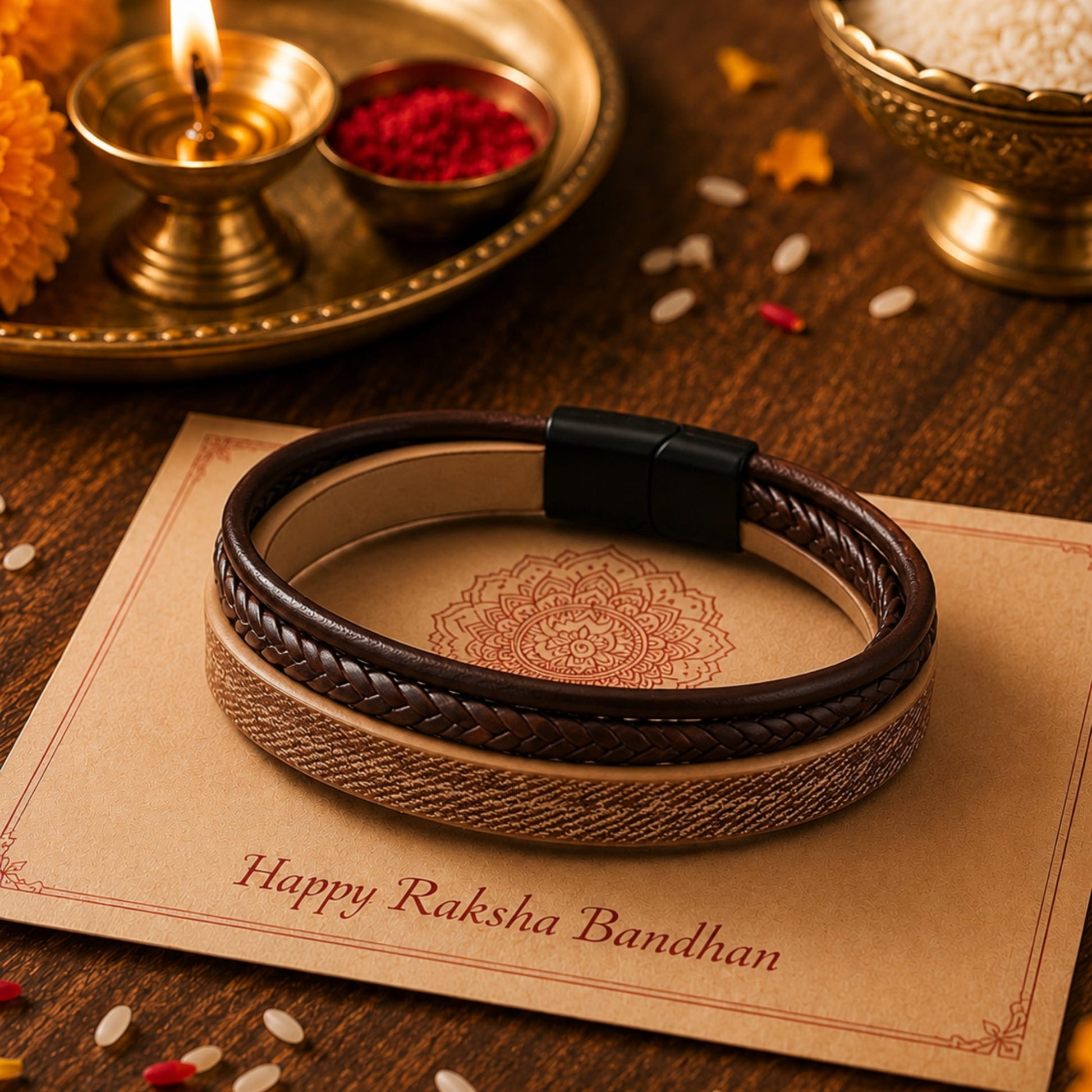 THE MEN THING Leather Bracelet The Perfect Rakhi Gift For Every Brother – Solstice Band - Brown Premium Leather Bracelets With Timeless Style (8 Inch)