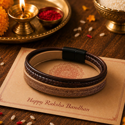 THE MEN THING Leather Bracelet The Perfect Rakhi Gift For Every Brother – Solstice Band - Brown Premium Leather Bracelets With Timeless Style (8 Inch)