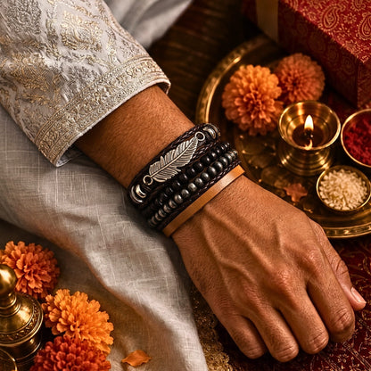 THE MEN THING Leather Bracelet The Perfect Rakhi Gift For Every Brother – STARDUST CUFF - Premium Leather Bracelets With Timeless Style (8inch)