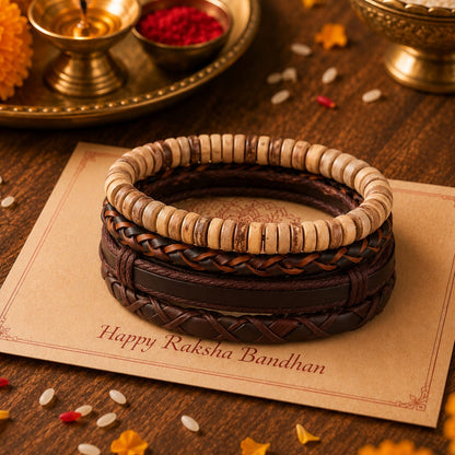 THE MEN THING Leather Bracelet The Perfect Rakhi Gift For Every Brother – SURVIVOR’S STRAND - Premium 4 Pcs Leather Bracelets With Timeless Style (8inch)