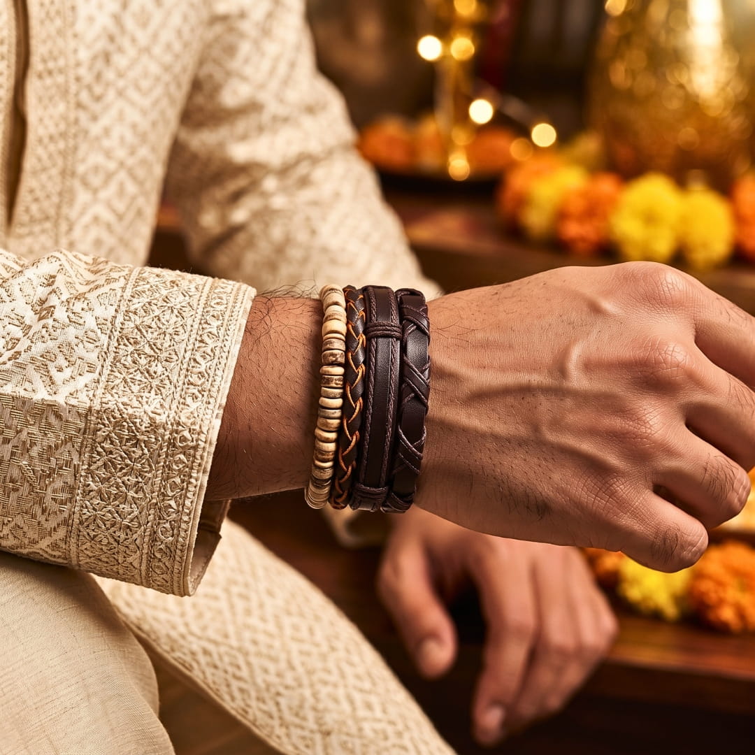THE MEN THING Leather Bracelet The Perfect Rakhi Gift For Every Brother – SURVIVOR’S STRAND - Premium 4 Pcs Leather Bracelets With Timeless Style (8inch)