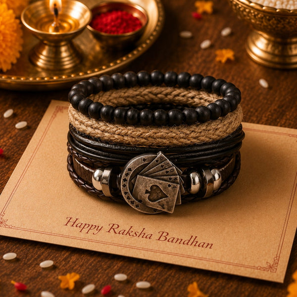 The Perfect Rakhi Gift For Every Brother – THE GAMBLER’S CUFF - Premium 4 Pcs Leather Bracelets With Timeless Style (8inch)