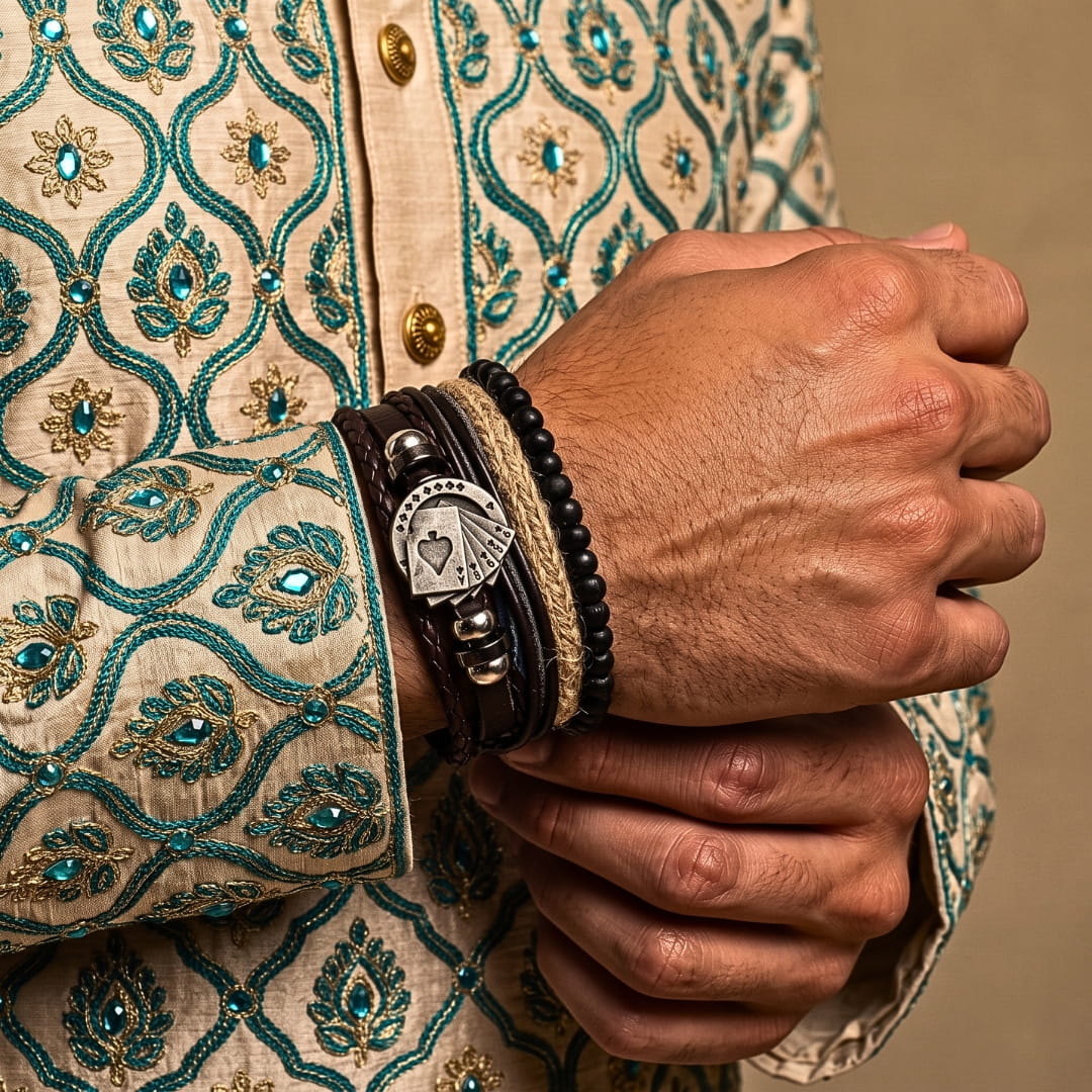 THE MEN THING Leather Bracelet The Perfect Rakhi Gift For Every Brother – THE GAMBLER’S CUFF - Premium 4 Pcs Leather Bracelets With Timeless Style (8inch)