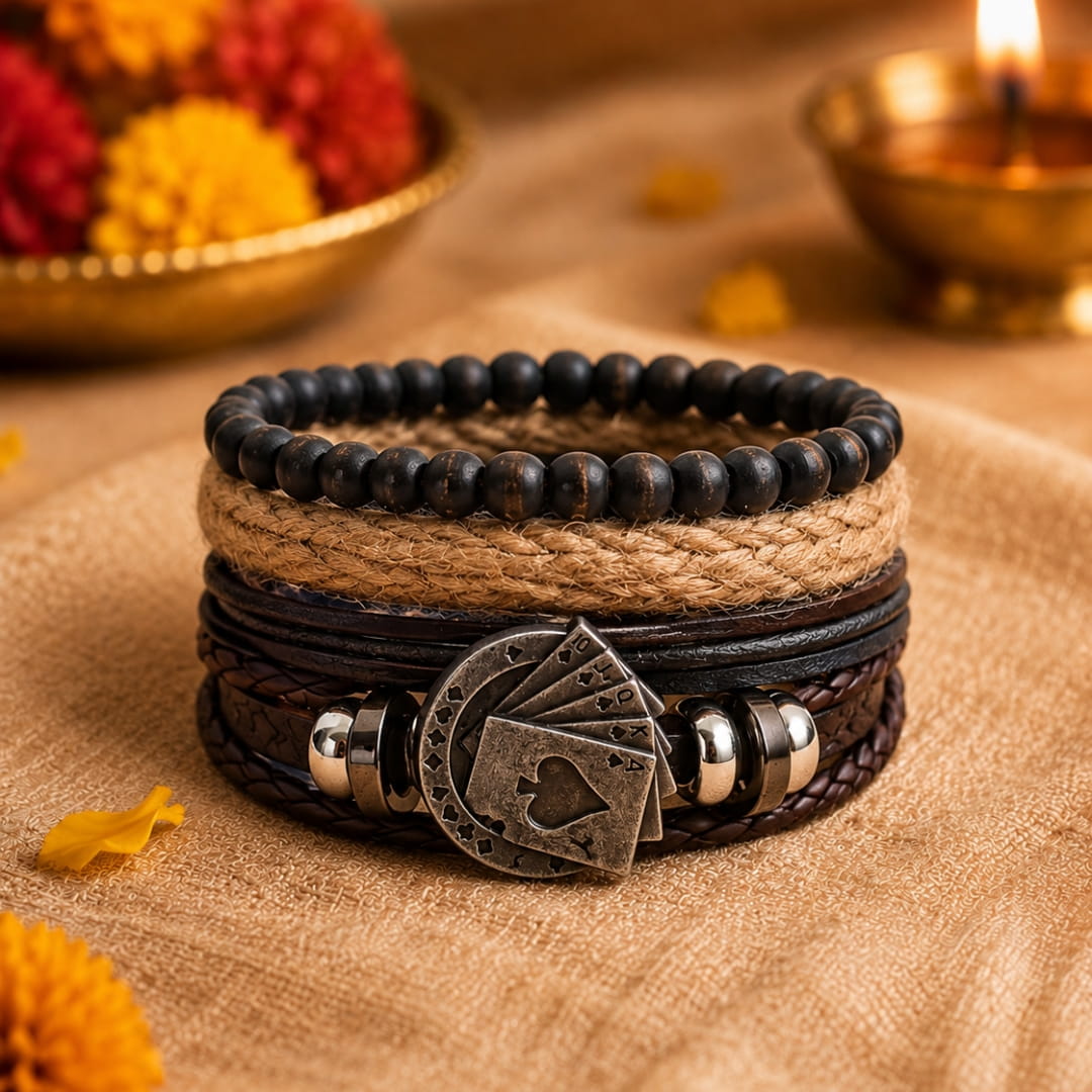 THE MEN THING Leather Bracelet The Perfect Rakhi Gift For Every Brother – THE GAMBLER’S CUFF - Premium 4 Pcs Leather Bracelets With Timeless Style (8inch)