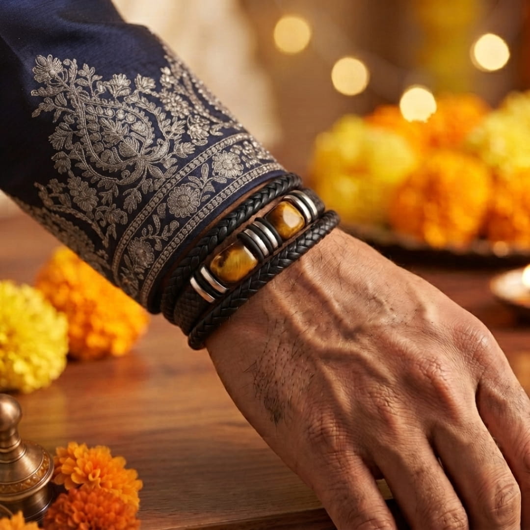 THE MEN THING Leather Bracelet The Perfect Rakhi Gift For Every Brother – TIGER VEIN BLACK - Premium Leather Multi-Layer Bracelet With Timeless Style (8inch)
