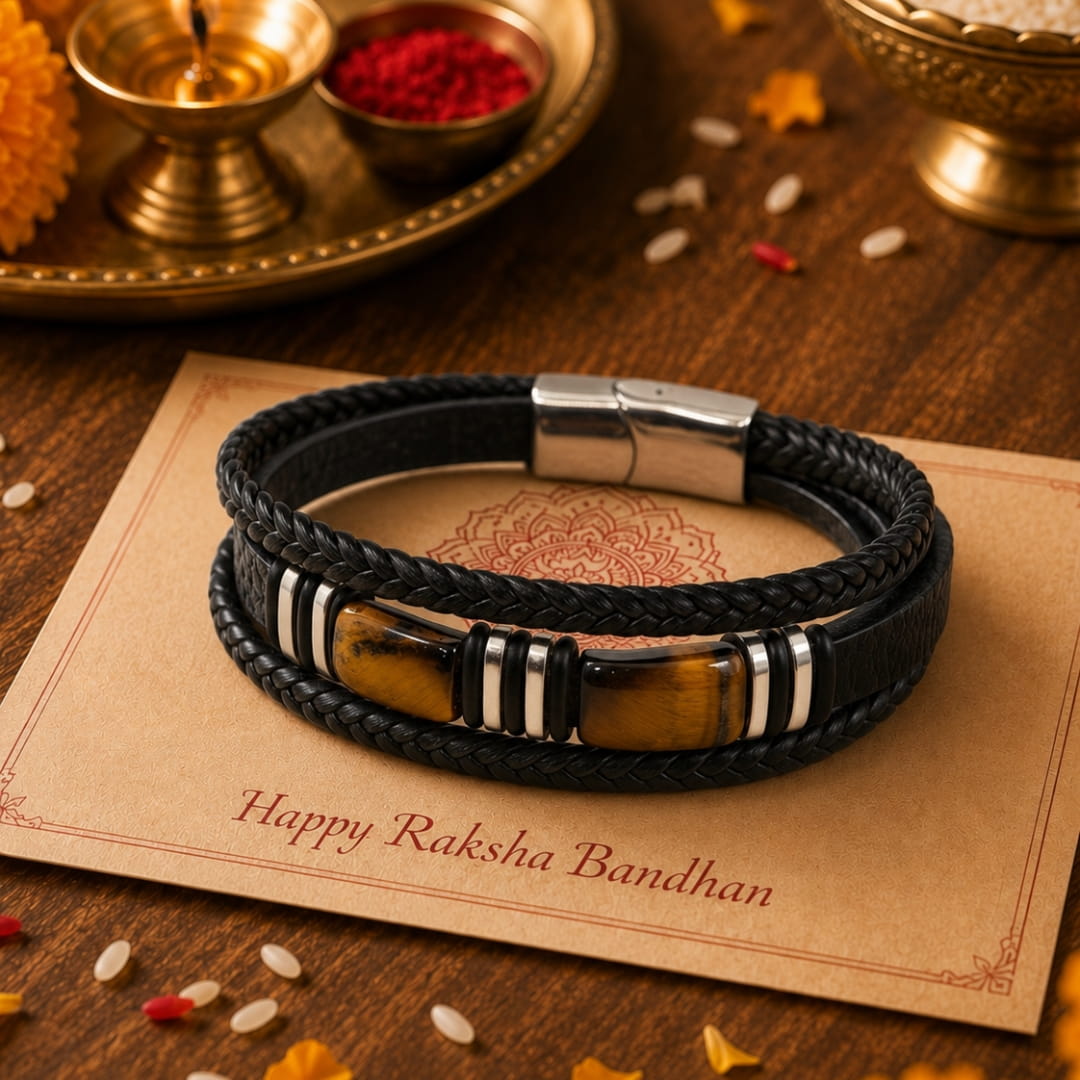 THE MEN THING Leather Bracelet The Perfect Rakhi Gift For Every Brother – TIGER VEIN BLACK - Premium Leather Multi-Layer Bracelet With Timeless Style (8inch)