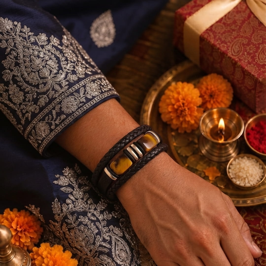 THE MEN THING Leather Bracelet The Perfect Rakhi Gift For Every Brother – TIGER VEIN BLACK - Premium Leather Multi-Layer Bracelet With Timeless Style (8inch)