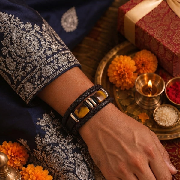 The Perfect Rakhi Gift For Every Brother – TIGER VEIN BLACK - Premium Leather Multi-Layer Bracelet With Timeless Style (8inch)