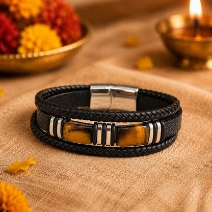 THE MEN THING Leather Bracelet The Perfect Rakhi Gift For Every Brother – TIGER VEIN BLACK - Premium Leather Multi-Layer Bracelet With Timeless Style (8inch)