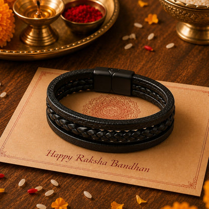 THE MEN THING Leather Bracelet The Perfect Rakhi Gift For Every Brother – TRI-PLY - Premium Leather Bracelets With Timeless Style (8.5inch)