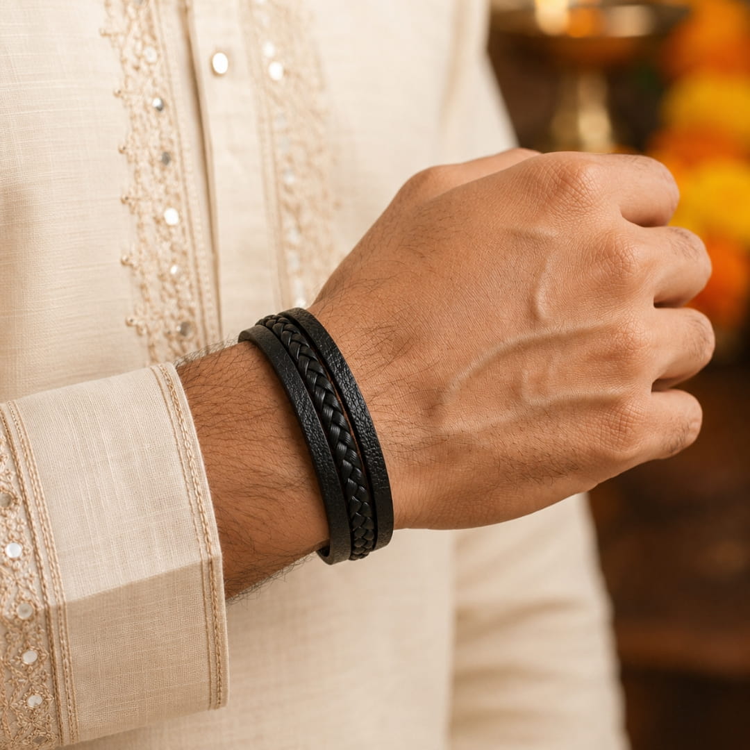 THE MEN THING Leather Bracelet The Perfect Rakhi Gift For Every Brother – TRI-PLY - Premium Leather Bracelets With Timeless Style (8.5inch)