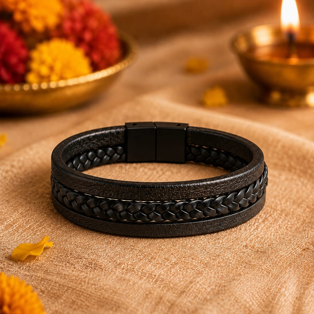 THE MEN THING Leather Bracelet The Perfect Rakhi Gift For Every Brother – TRI-PLY - Premium Leather Bracelets With Timeless Style (8.5inch)