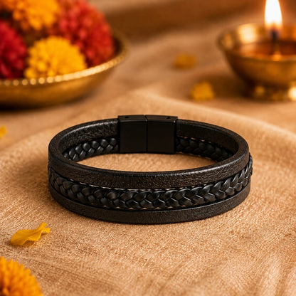 THE MEN THING Leather Bracelet The Perfect Rakhi Gift For Every Brother – TRI-PLY - Premium Leather Bracelets With Timeless Style (8.5inch)