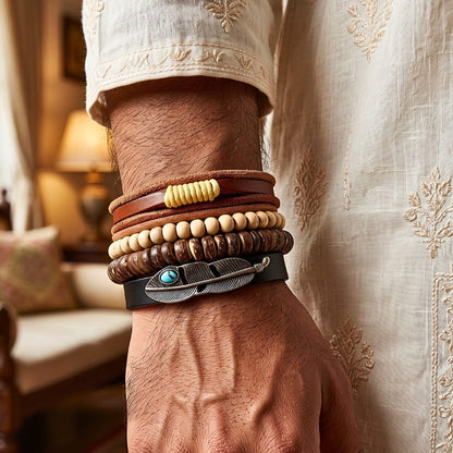 THE MEN THING Leather Bracelet The Perfect Rakhi Gift For Every Brother – TRIBAL FEATHER STACK - Premium 4 Pcs Leather Bracelets With Timeless Style (8inch)