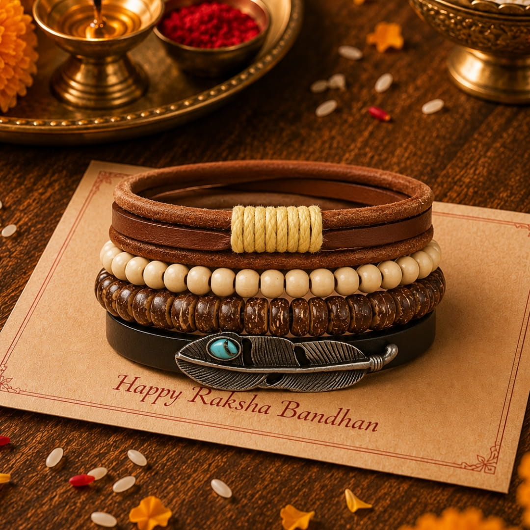 THE MEN THING Leather Bracelet The Perfect Rakhi Gift For Every Brother – TRIBAL FEATHER STACK - Premium 4 Pcs Leather Bracelets With Timeless Style (8inch)