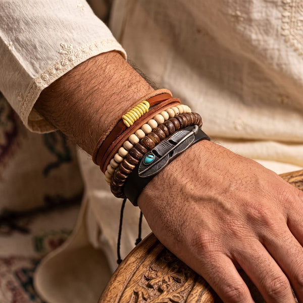 The Perfect Rakhi Gift For Every Brother – TRIBAL FEATHER STACK - Premium 4 Pcs Leather Bracelets With Timeless Style (8inch)