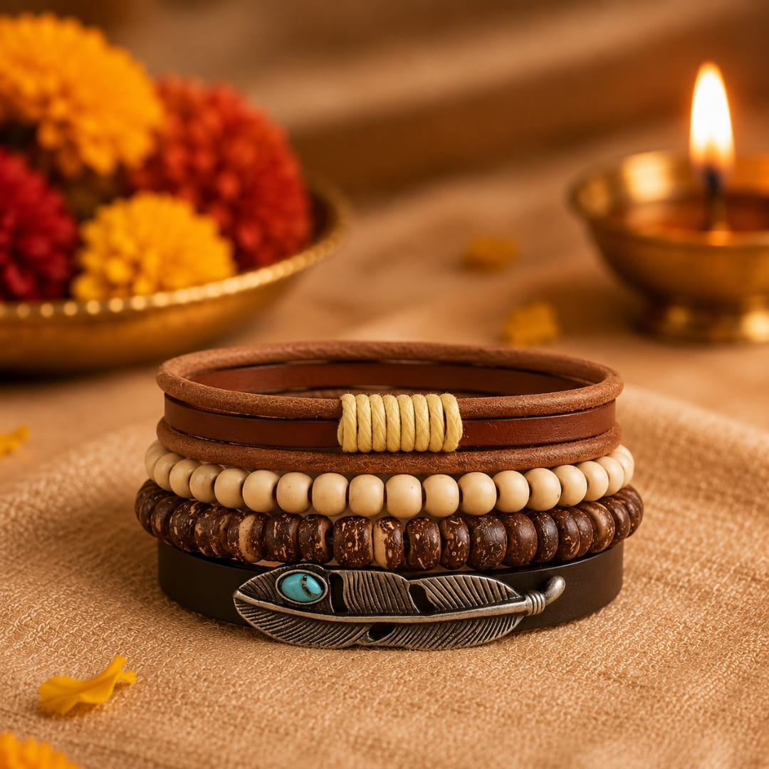 THE MEN THING Leather Bracelet The Perfect Rakhi Gift For Every Brother – TRIBAL FEATHER STACK - Premium 4 Pcs Leather Bracelets With Timeless Style (8inch)