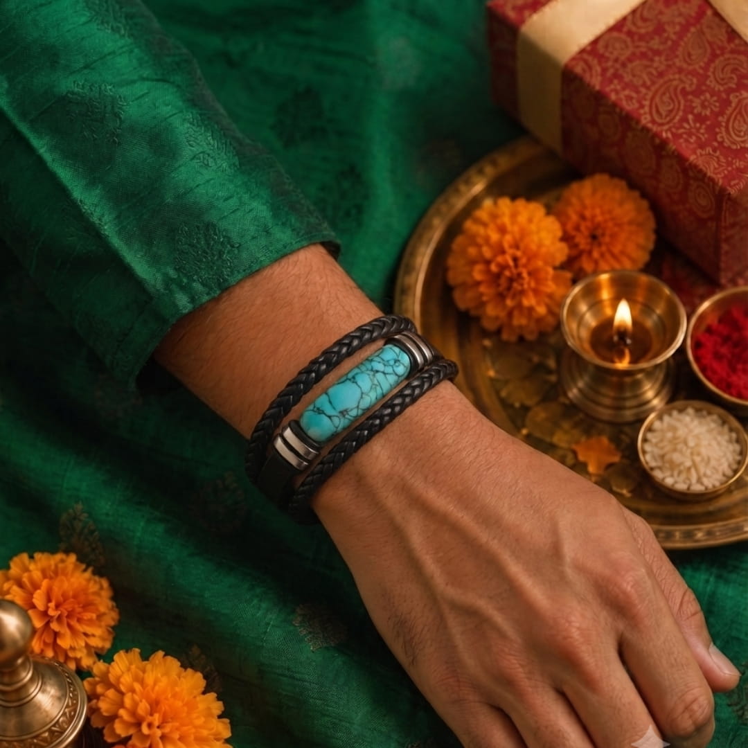 THE MEN THING Leather Bracelet The Perfect Rakhi Gift For Every Brother – TURQUOISE HOWLITE CORE - Premium Leather Multi-Layer Bracelet With Timeless Style (8inch)