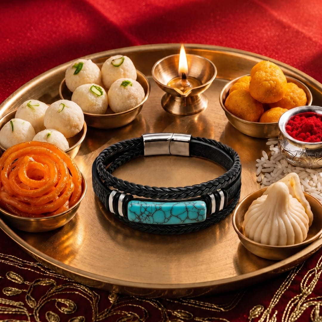 THE MEN THING Leather Bracelet The Perfect Rakhi Gift For Every Brother – TURQUOISE HOWLITE CORE - Premium Leather Multi-Layer Bracelet With Timeless Style (8inch)