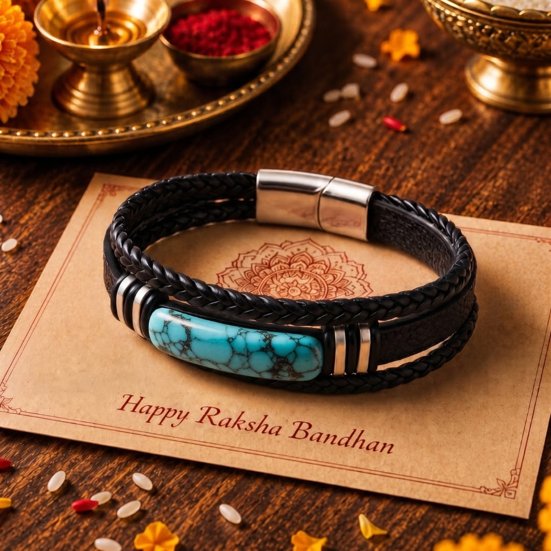 THE MEN THING Leather Bracelet The Perfect Rakhi Gift For Every Brother – TURQUOISE HOWLITE CORE - Premium Leather Multi-Layer Bracelet With Timeless Style (8inch)