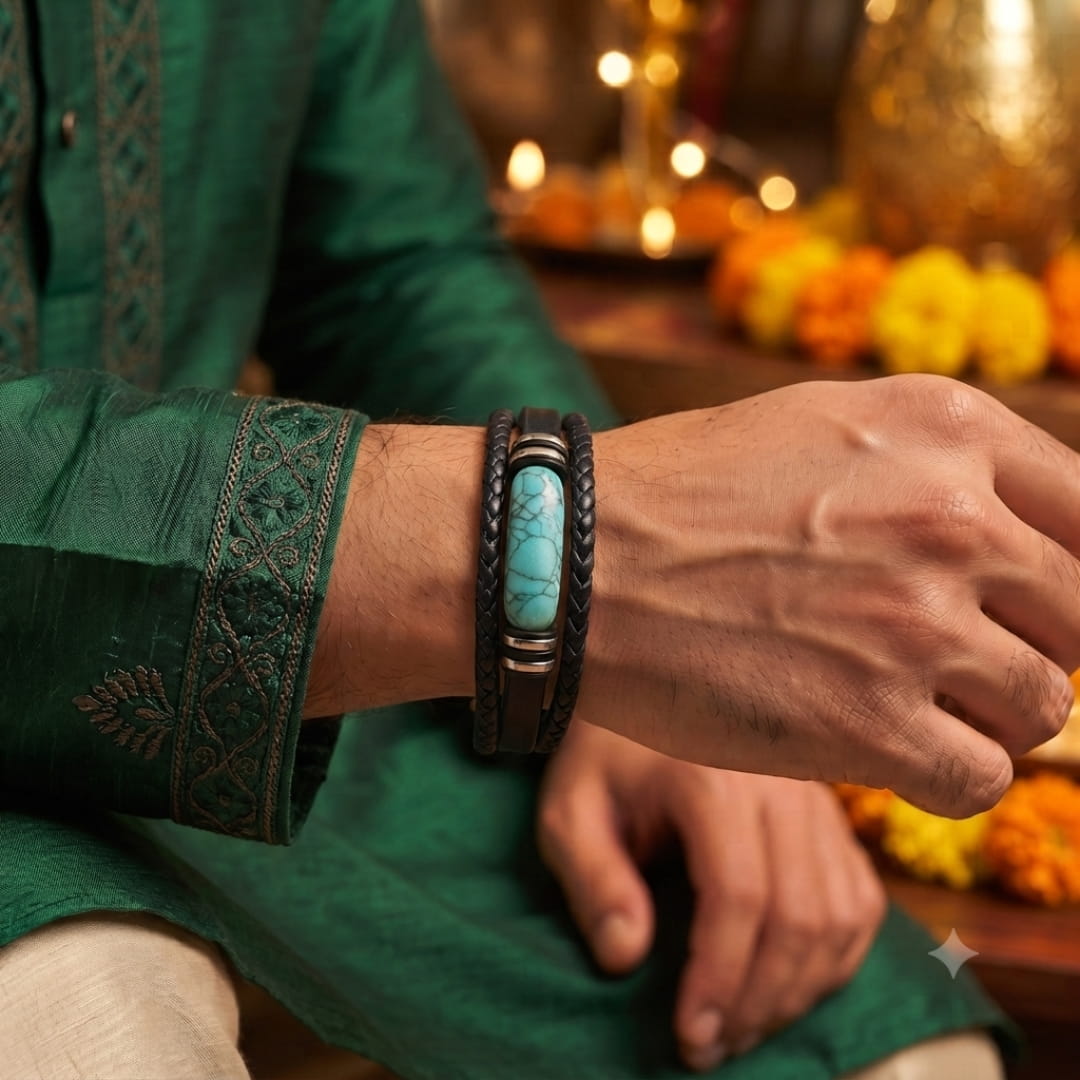 THE MEN THING Leather Bracelet The Perfect Rakhi Gift For Every Brother – TURQUOISE HOWLITE CORE - Premium Leather Multi-Layer Bracelet With Timeless Style (8inch)