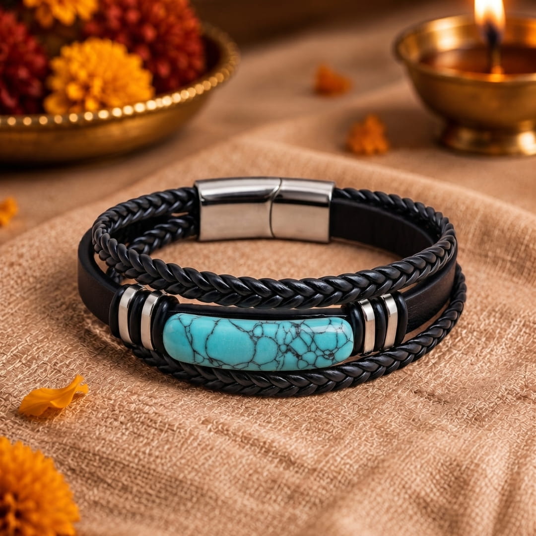 THE MEN THING Leather Bracelet The Perfect Rakhi Gift For Every Brother – TURQUOISE HOWLITE CORE - Premium Leather Multi-Layer Bracelet With Timeless Style (8inch)