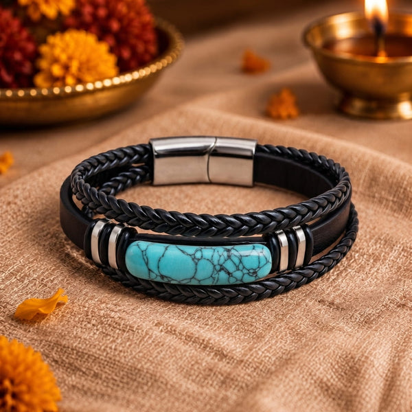 The Perfect Rakhi Gift For Every Brother – TURQUOISE HOWLITE CORE - Premium Leather Multi-Layer Bracelet With Timeless Style (8inch)