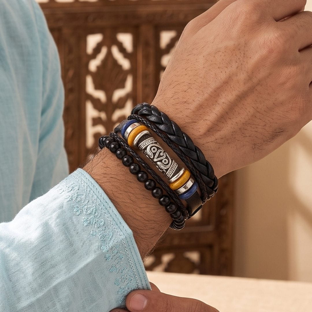 THE MEN THING Leather Bracelet The Perfect Rakhi Gift For Every Brother – TWIN RAM BLACK - Leather Adjustable Bracelets With Timeless Style
