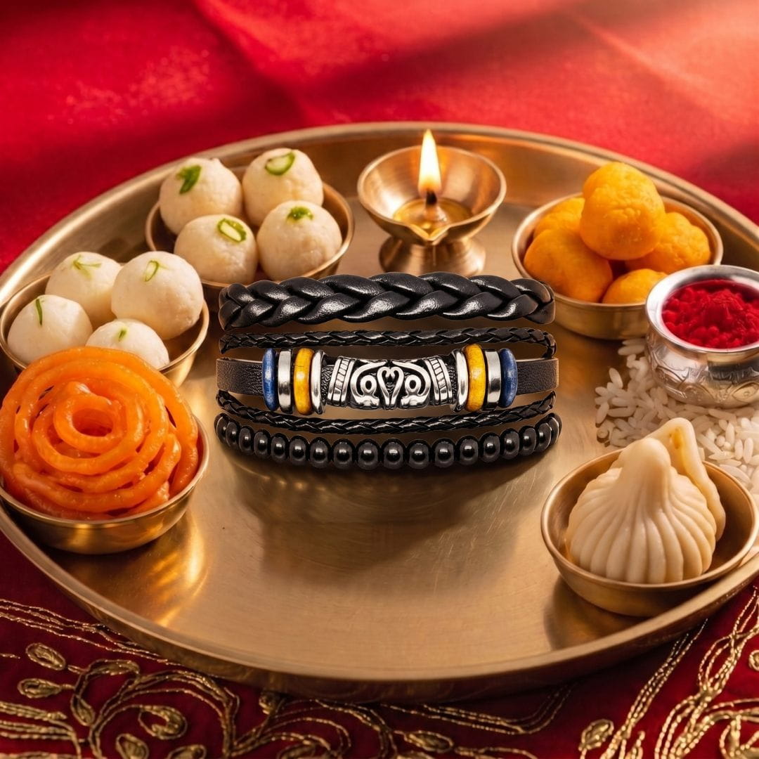 THE MEN THING Leather Bracelet The Perfect Rakhi Gift For Every Brother – TWIN RAM BLACK - Leather Adjustable Bracelets With Timeless Style