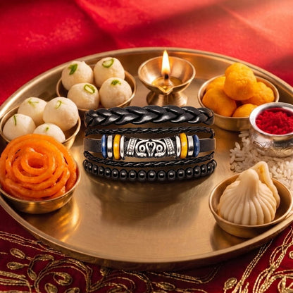 THE MEN THING Leather Bracelet The Perfect Rakhi Gift For Every Brother – TWIN RAM BLACK - Leather Adjustable Bracelets With Timeless Style