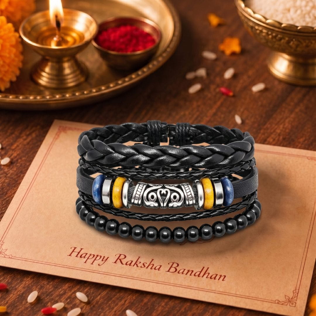 THE MEN THING Leather Bracelet The Perfect Rakhi Gift For Every Brother – TWIN RAM BLACK - Leather Adjustable Bracelets With Timeless Style