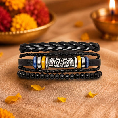 THE MEN THING Leather Bracelet The Perfect Rakhi Gift For Every Brother – TWIN RAM BLACK - Leather Adjustable Bracelets With Timeless Style