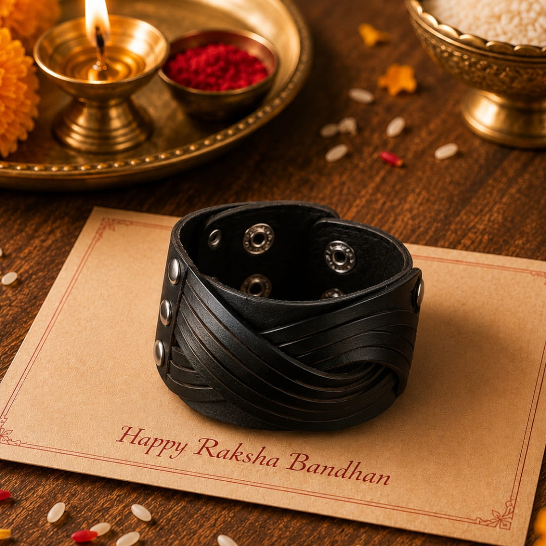 THE MEN THING Leather Bracelet The Perfect Rakhi Gift For Every Brother – TWISTBOUND BLACK - Premium Leather Bracelets With Timeless Style (8inch)