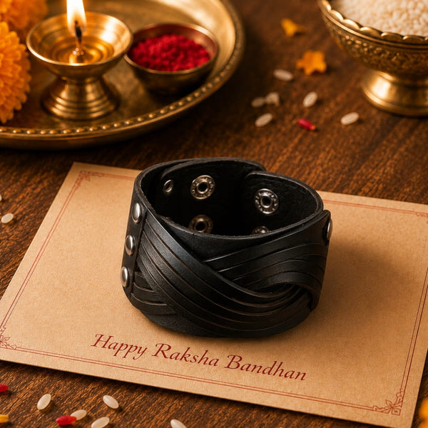 The Perfect Rakhi Gift For Every Brother – TWISTBOUND BLACK - Premium Leather Bracelets With Timeless Style (8inch)