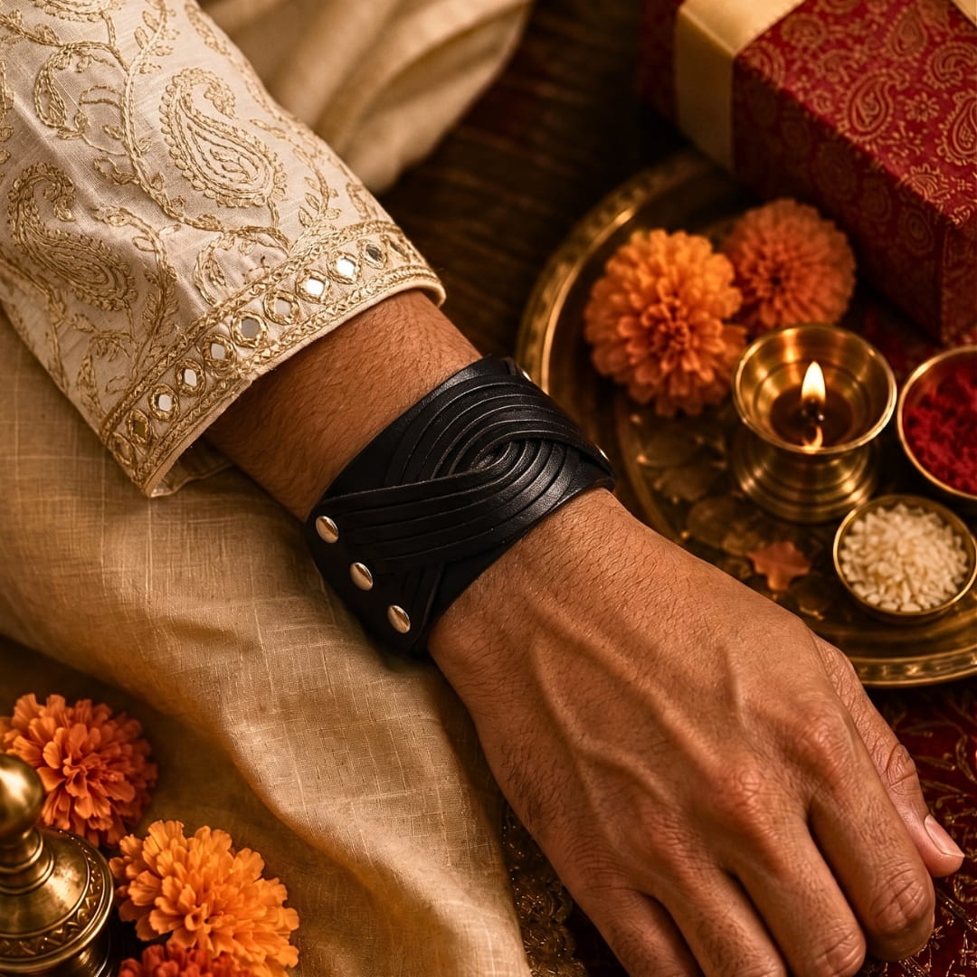THE MEN THING Leather Bracelet The Perfect Rakhi Gift For Every Brother – TWISTBOUND BLACK - Premium Leather Bracelets With Timeless Style (8inch)