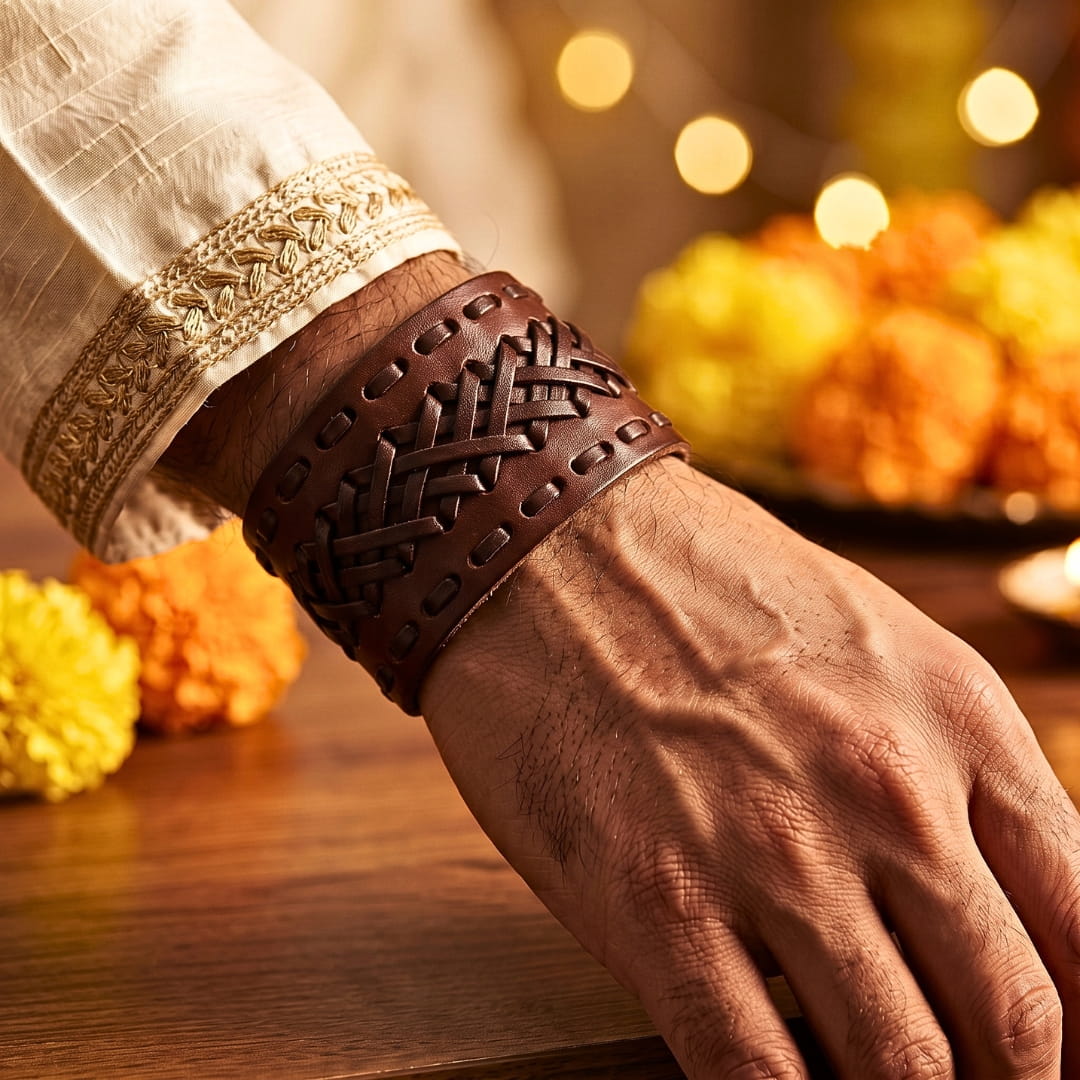 THE MEN THING Leather Bracelet The Perfect Rakhi Gift For Every Brother – VERTEX STRAP BROWN - Premium Leather Bracelets With Timeless Style (8inch)