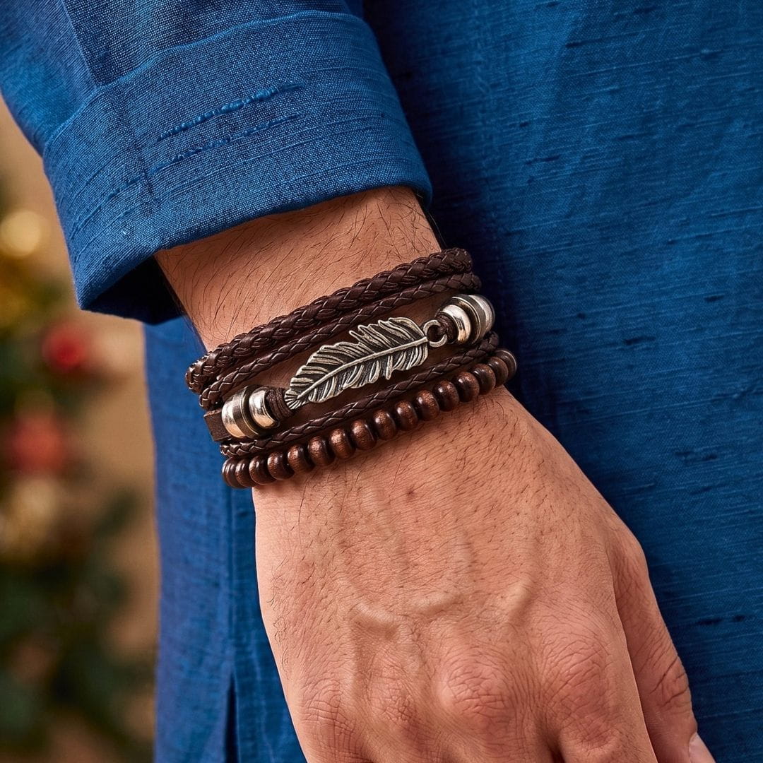 THE MEN THING Leather Bracelet The Perfect Rakhi Gift For Every Brother – VINTAGE PLUME - Genuine Leather Bracelets With Timeless Style (Adjustable)