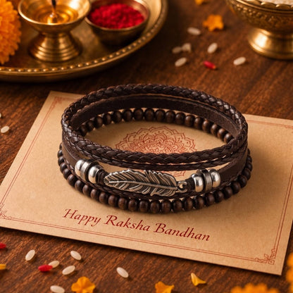 THE MEN THING Leather Bracelet The Perfect Rakhi Gift For Every Brother – VINTAGE PLUME - Genuine Leather Bracelets With Timeless Style (Adjustable)